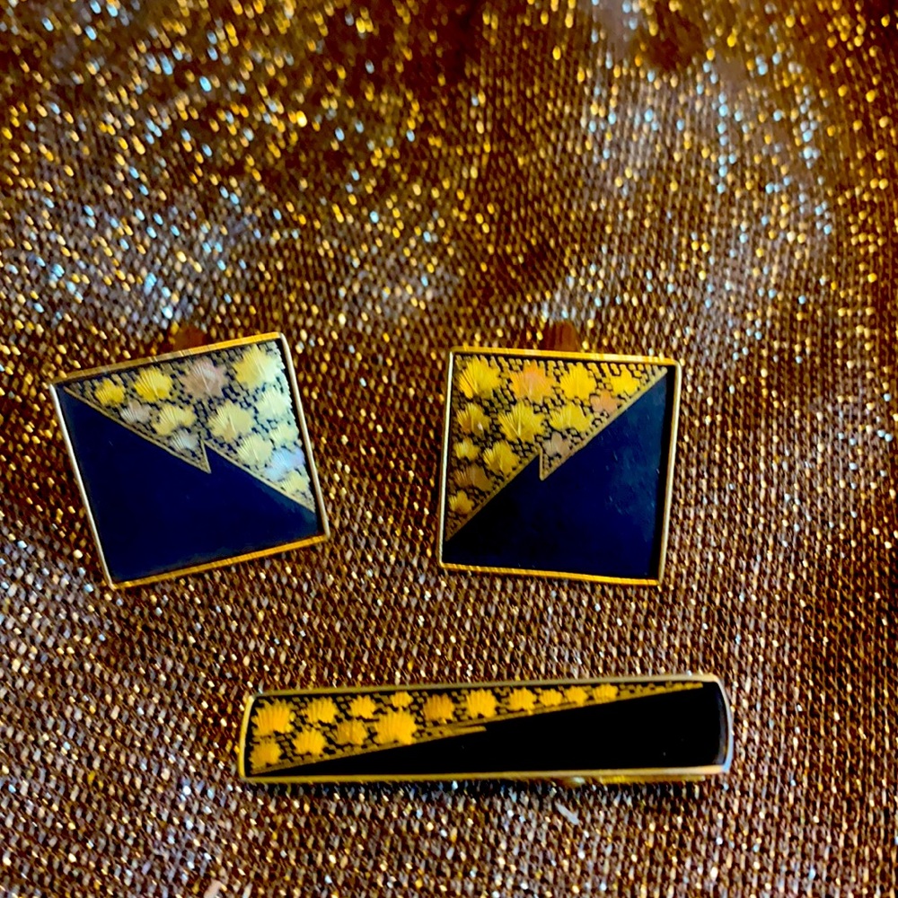 VTG AMITA damascene gold cuff link & tie bar set